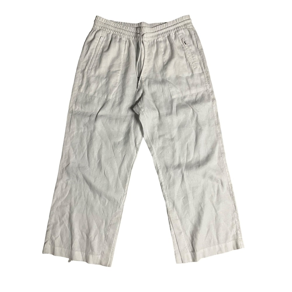 Athleta Women White 100% Linen Wide Leg Pants XL 851038 Elastic Waist Drawstring